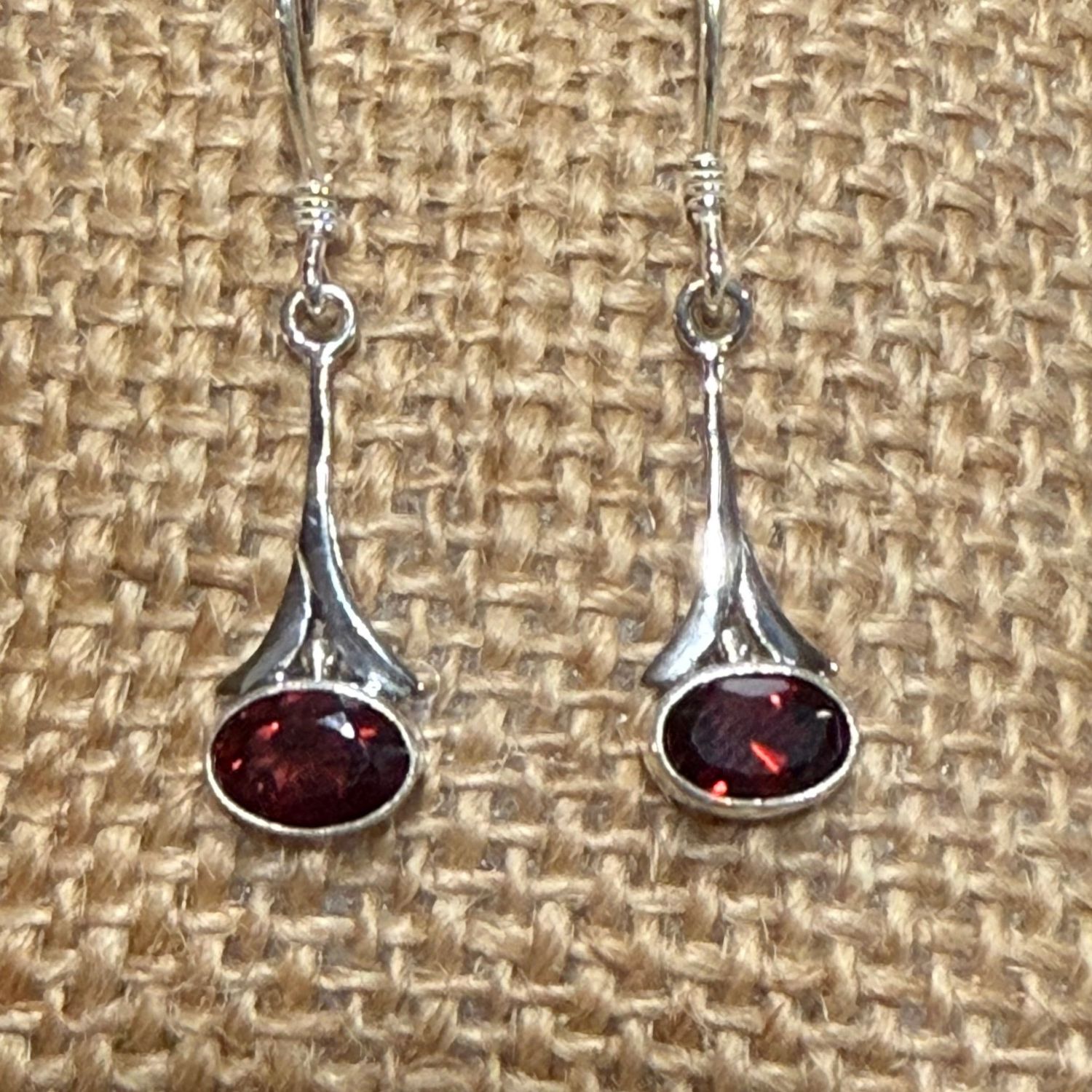 East West Garnet Dangle Sterling Earrings