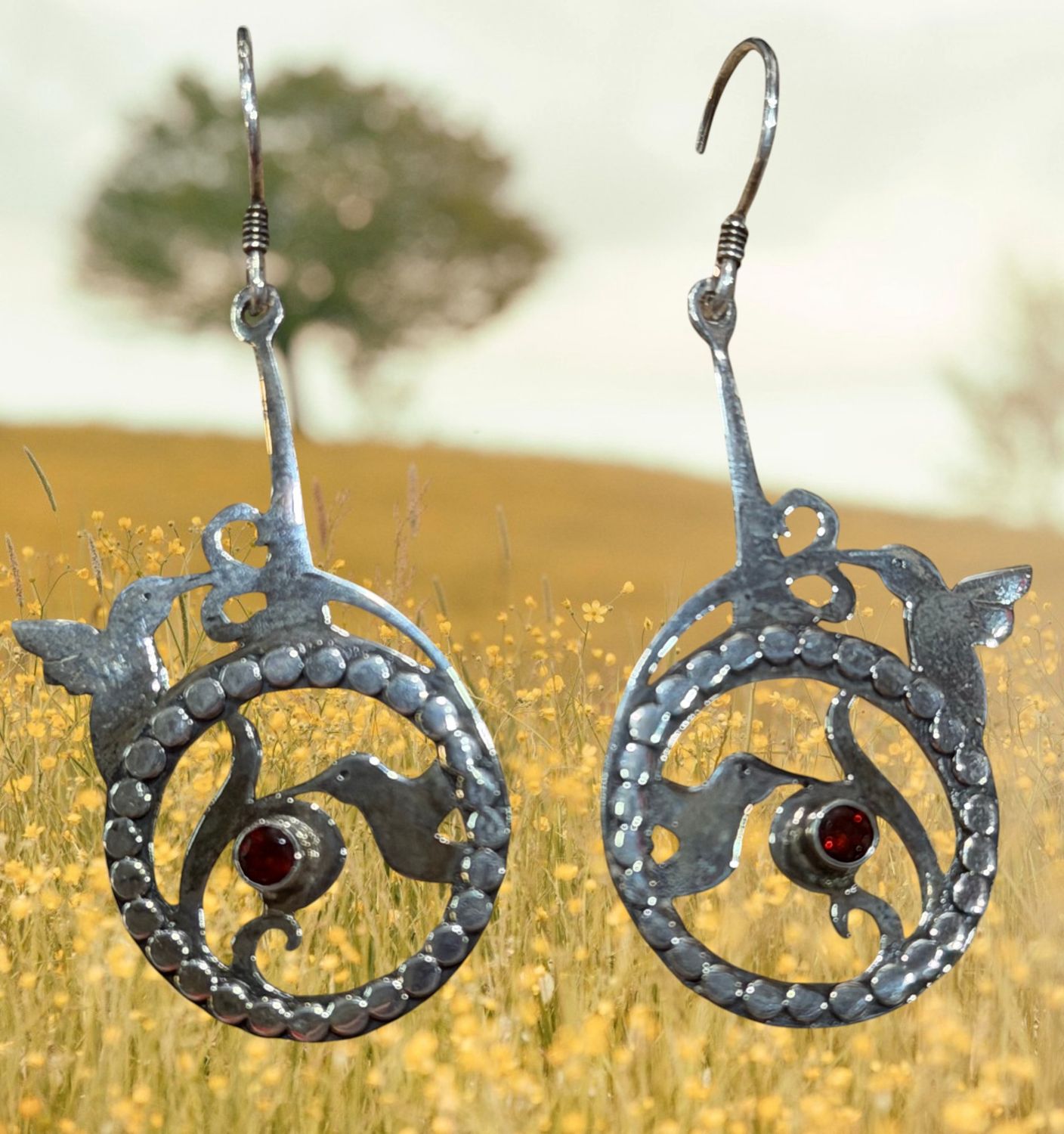 Hummingbird Garnet Sterling Silver Earrings