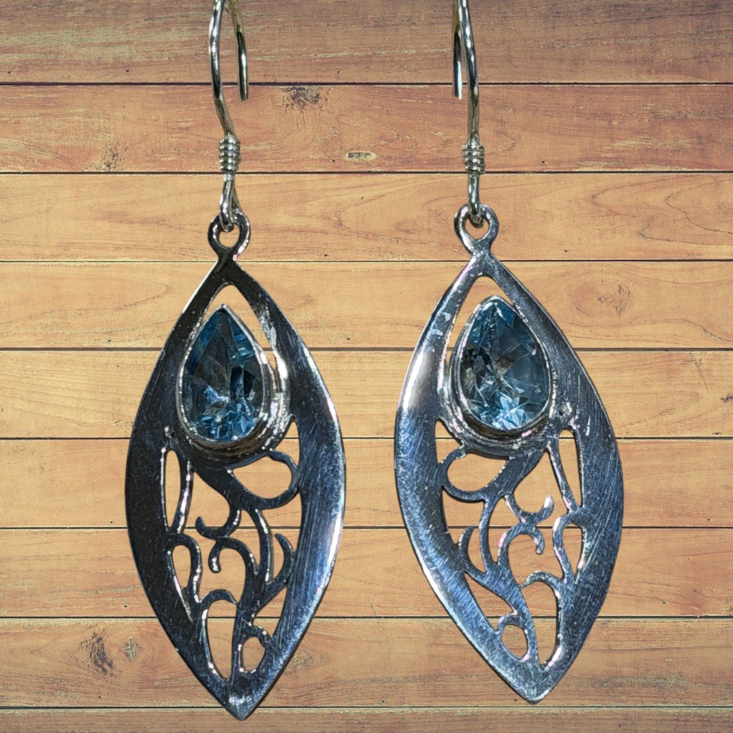 Teardrop Blue Topaz Filigree S/S Earrings
