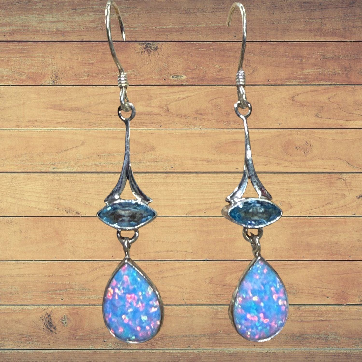 Dangle Blue Topaz Fire Opal S/S Earrings