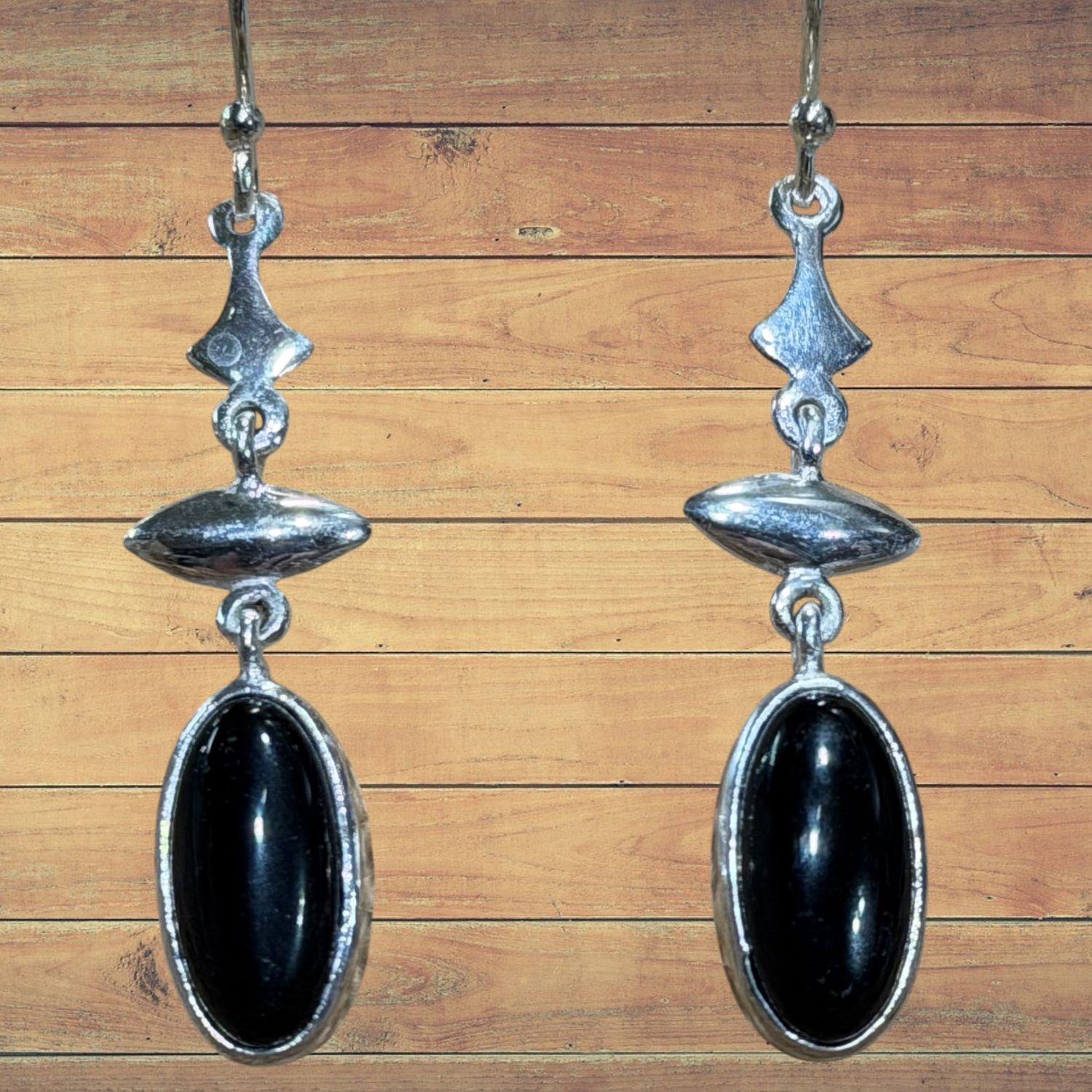 Oblong Onyx Sterling over Brass Dangle Earrings