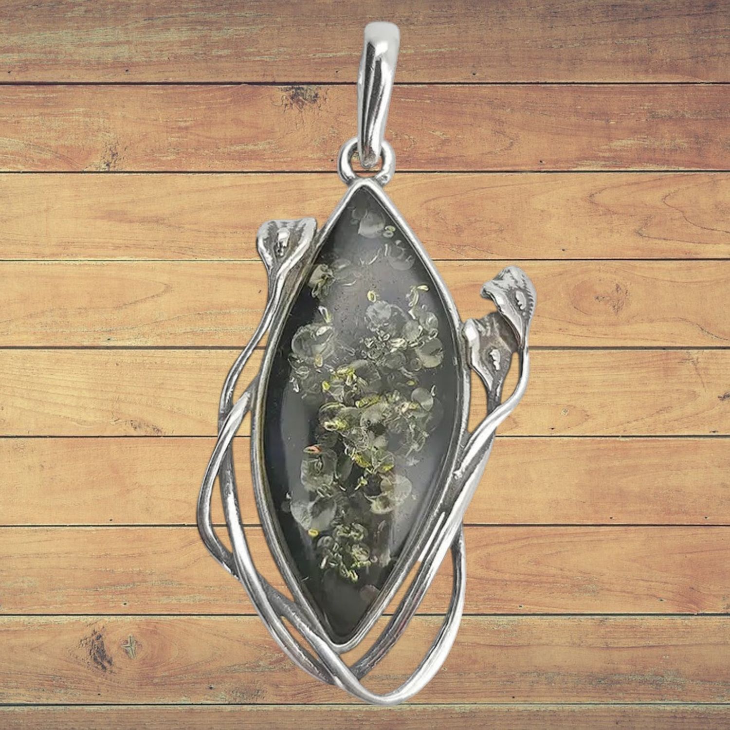 Swirl Design Green Amber S/S Pendant