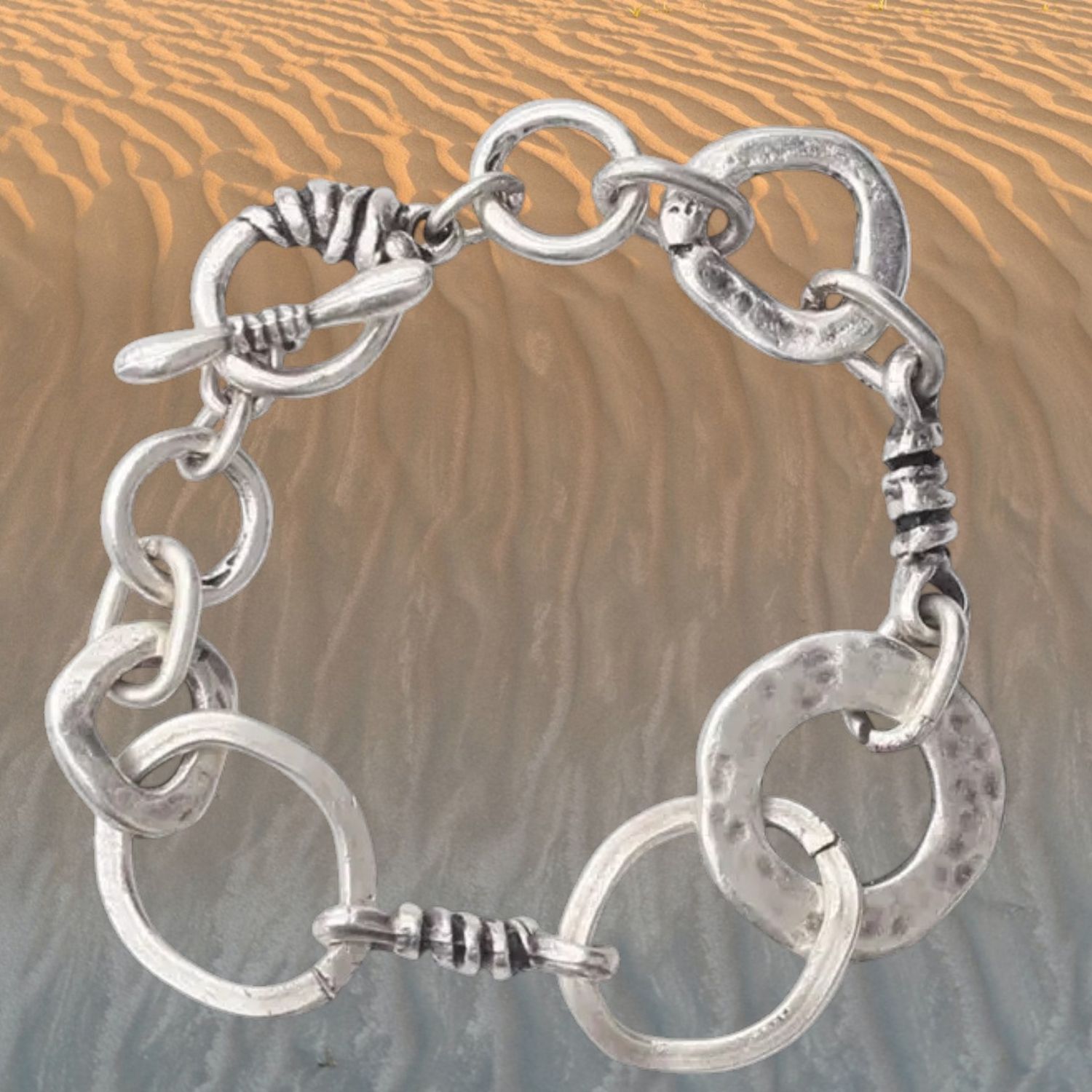 Hammered Circles Toggle Link Pewter Bracelet