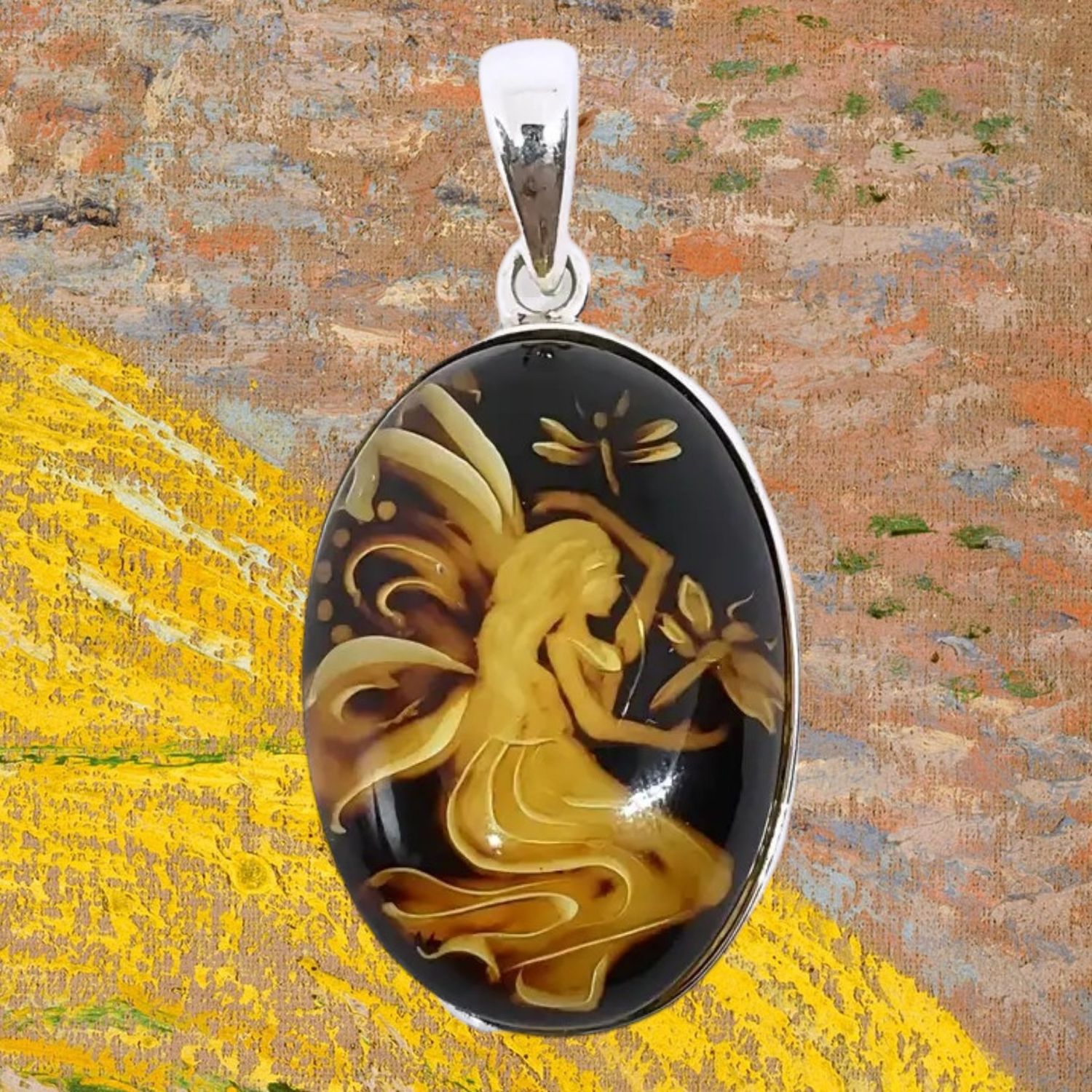 Amber Intaglio Fairy Sterling Silver Pendant