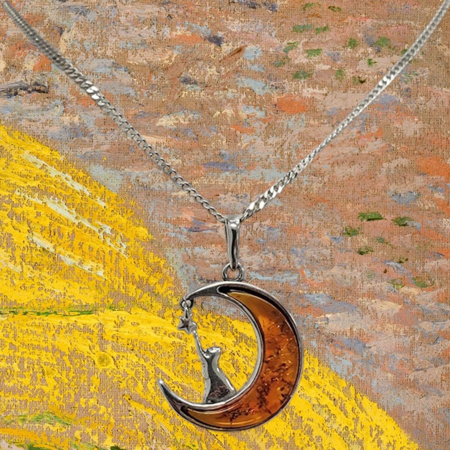 Cognac Amber Cat in Moon Sterling Pendant