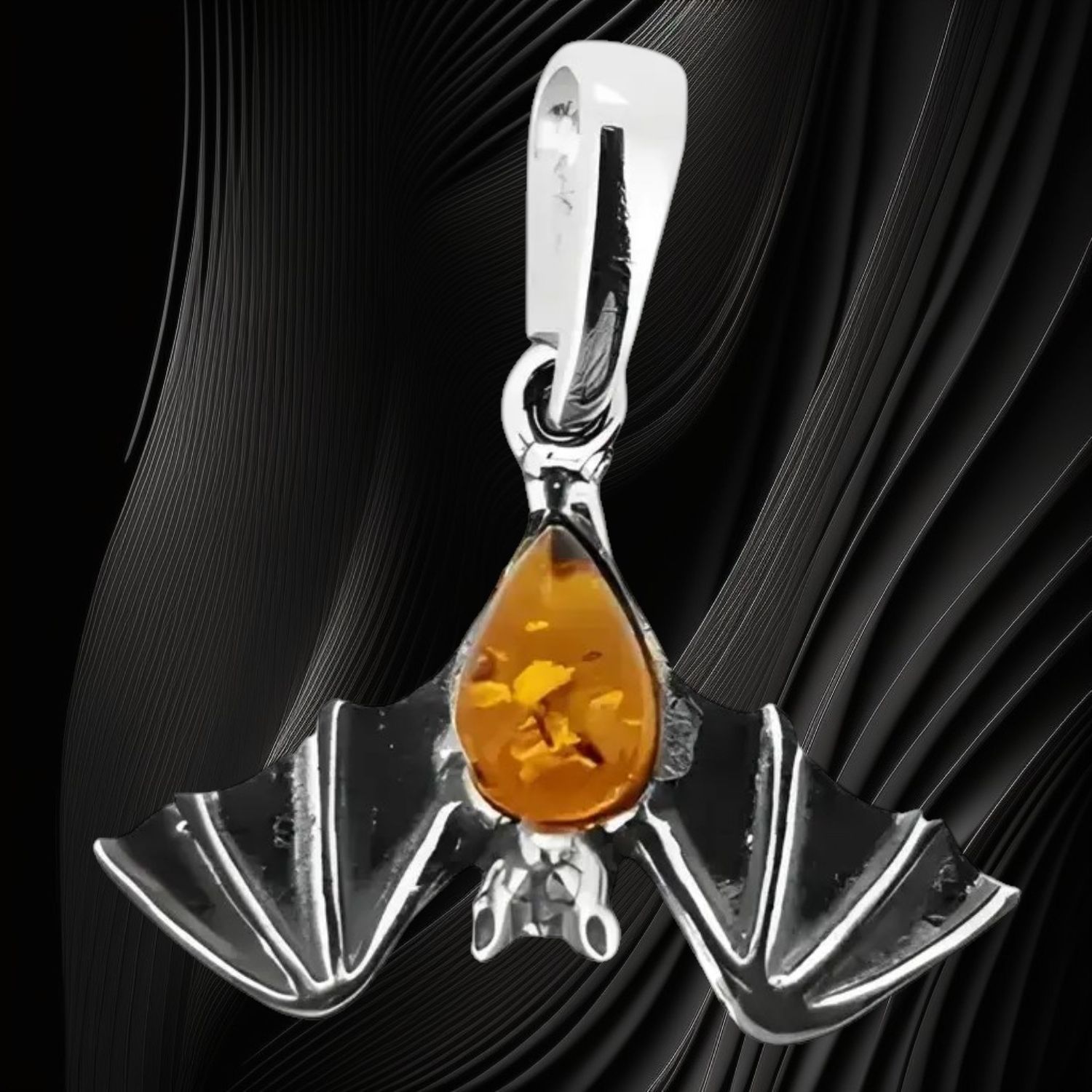 Cognac Amber Hanging Bat Sterling Pendant