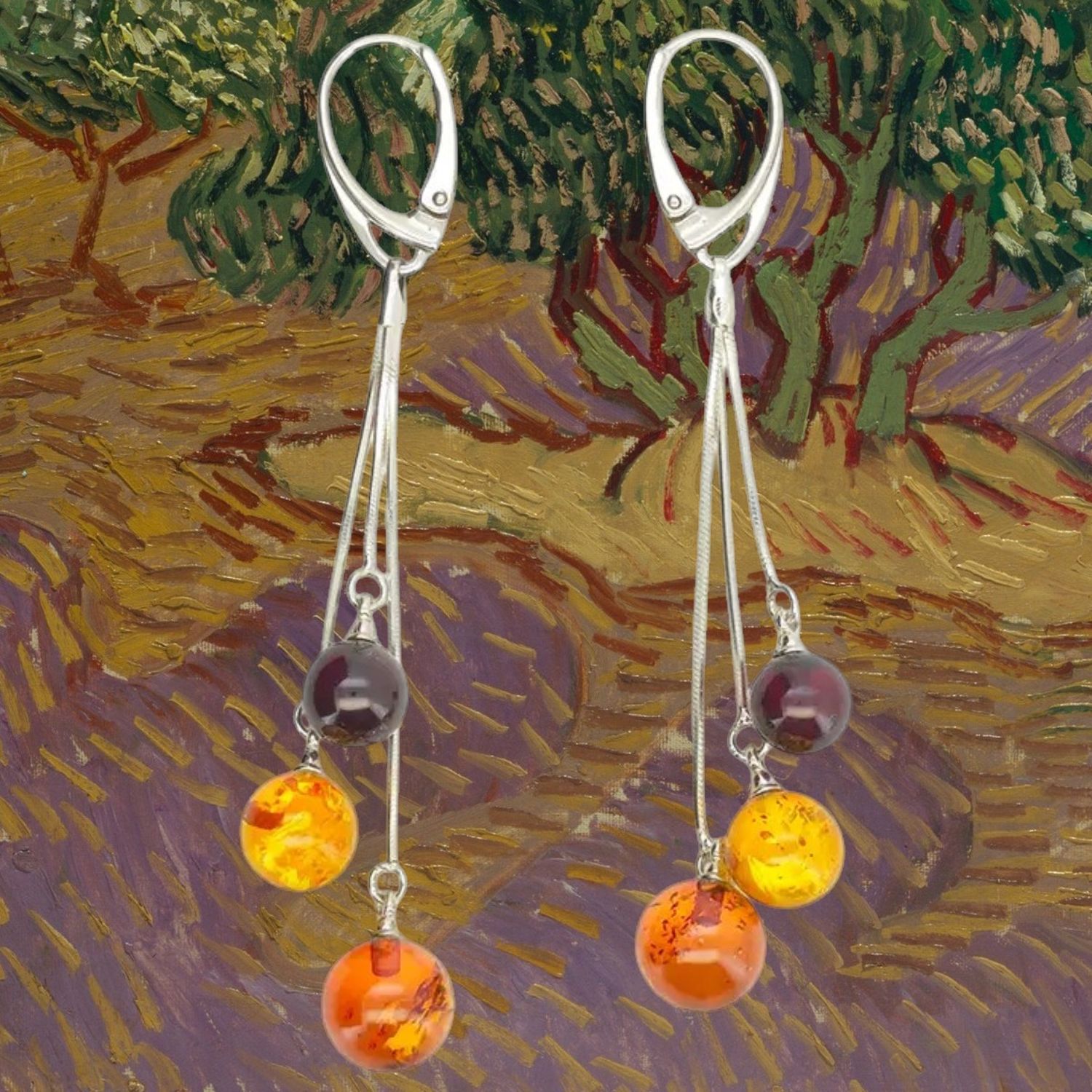 Cascading Amber Ball Trio Sterling Earrings