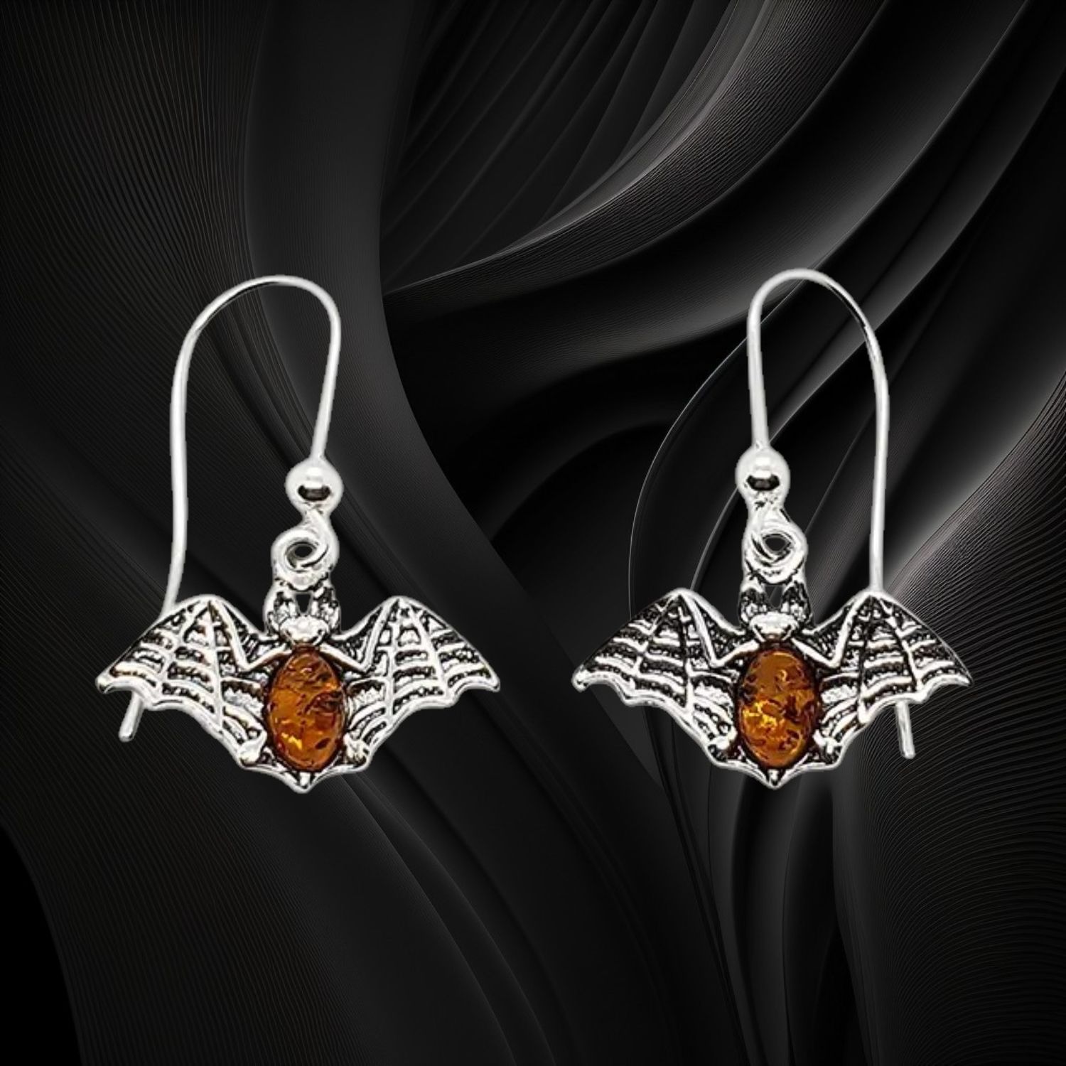 Cognac Amber Bat Sterling Earrings