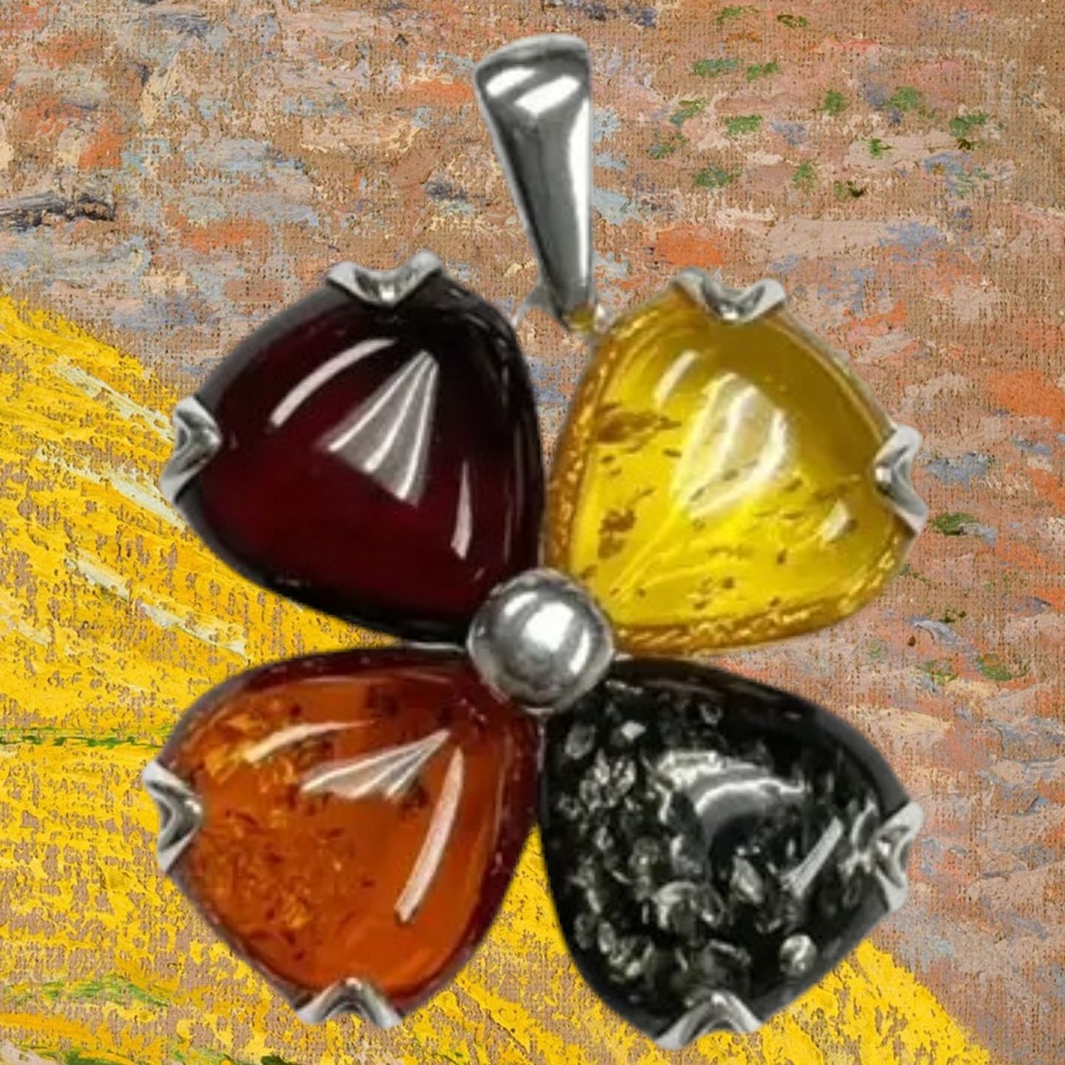 Multicolor Amber Flower Sterling Pendant