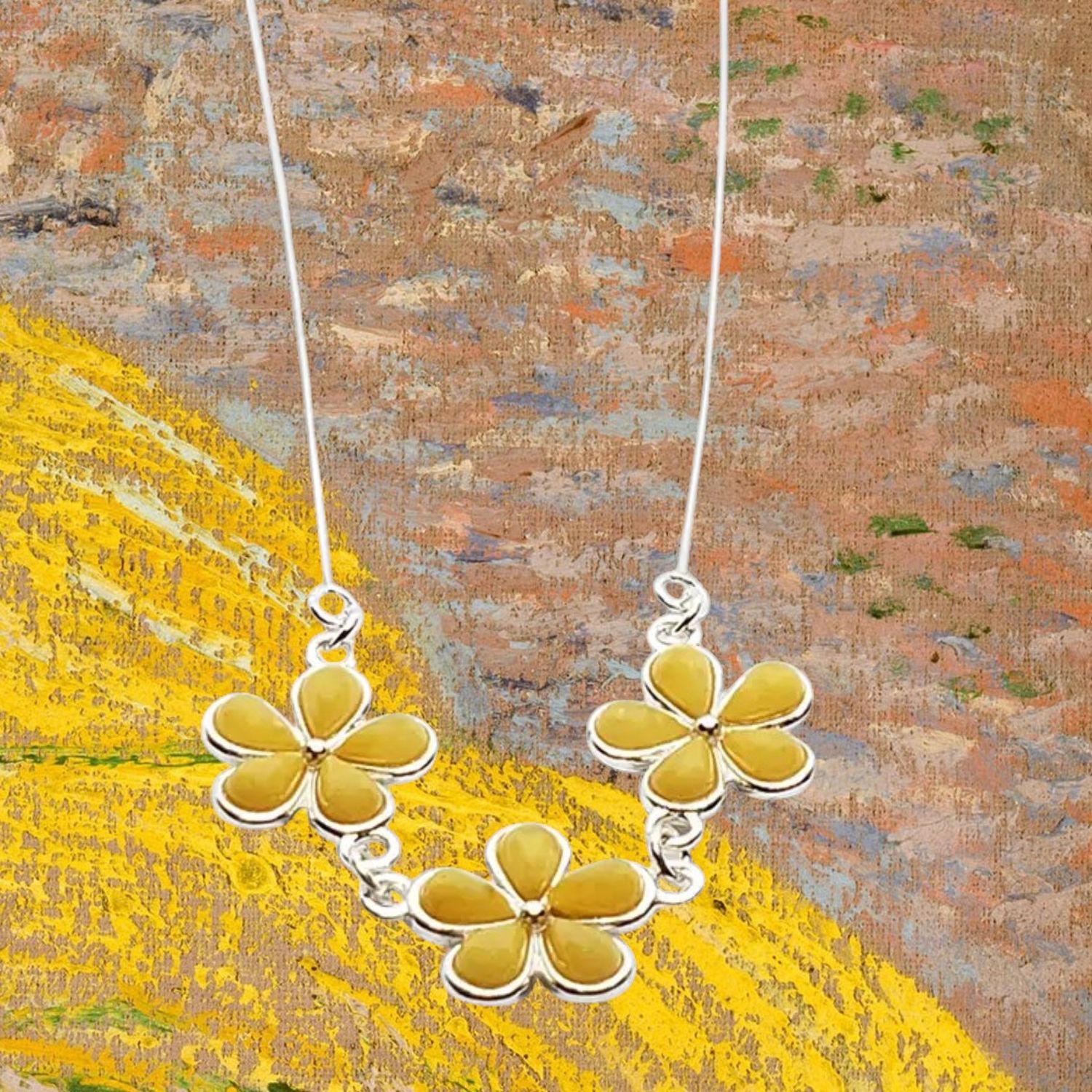 Flower Trio Butterscotch Amber Sterling Necklace