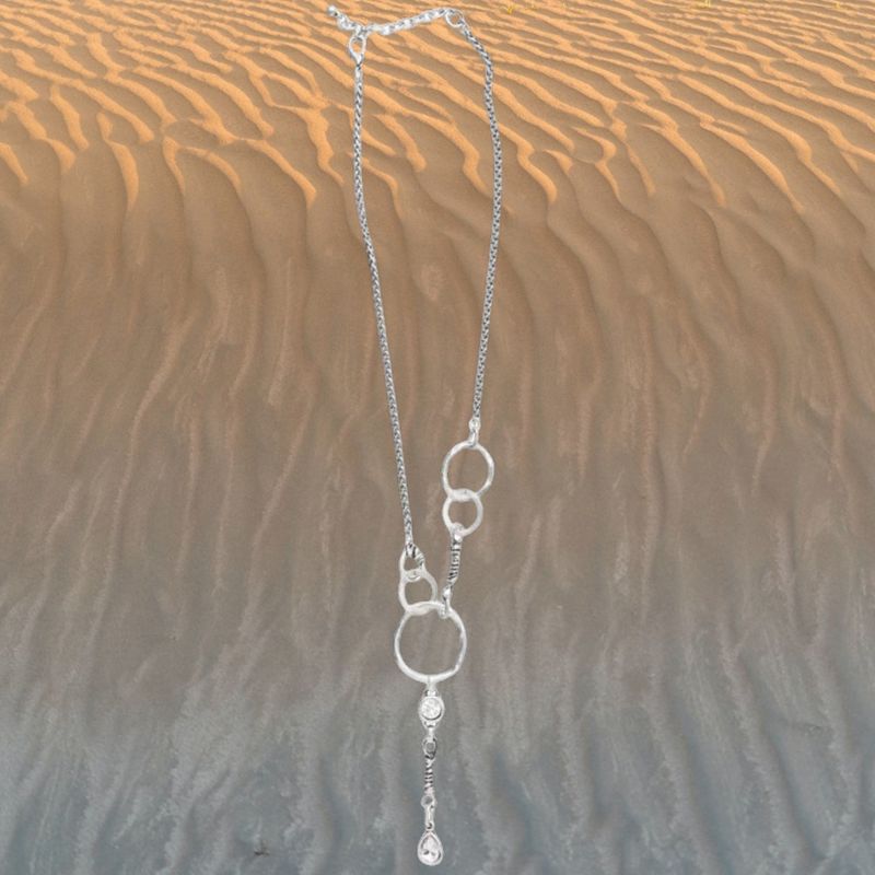 Double Crystal Drop Pewter Y Necklace