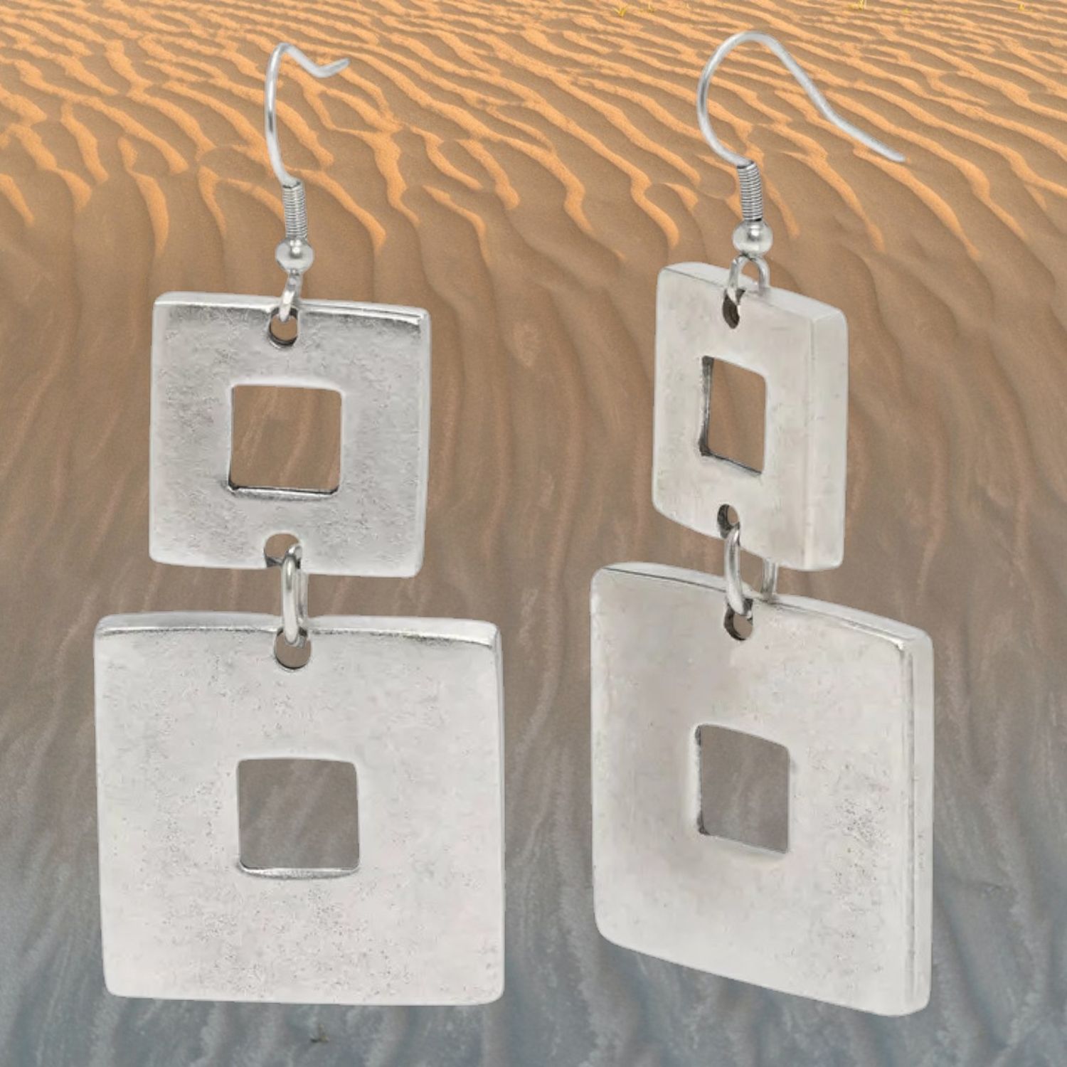 Double Square Geometric Pewter Earrings