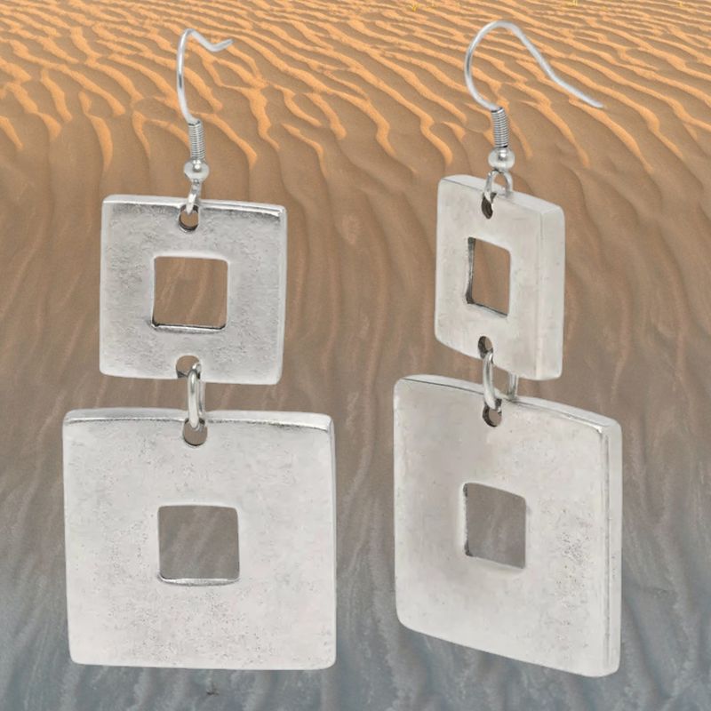Double Square Geometric Pewter Earrings
