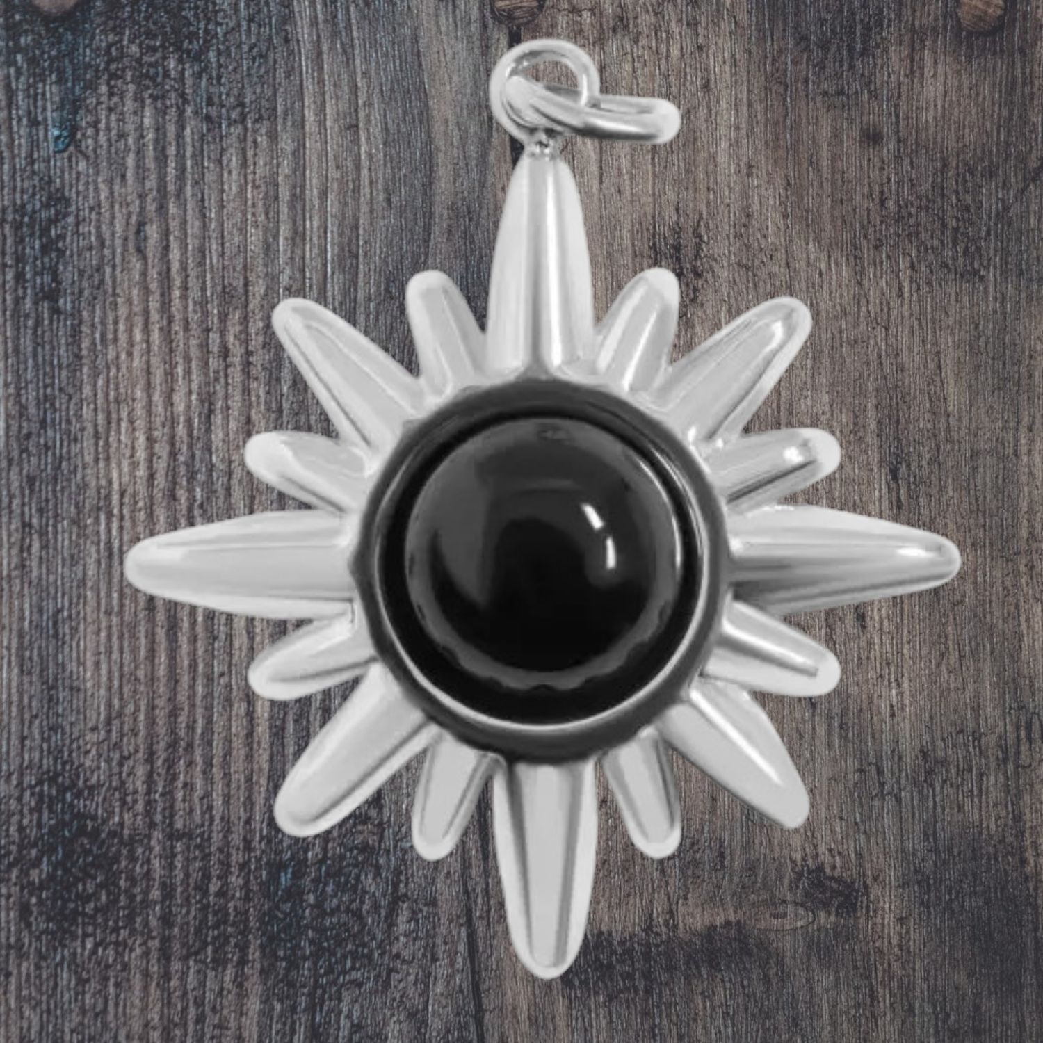 Sunburst Black Stone Stainless Steel Charm
