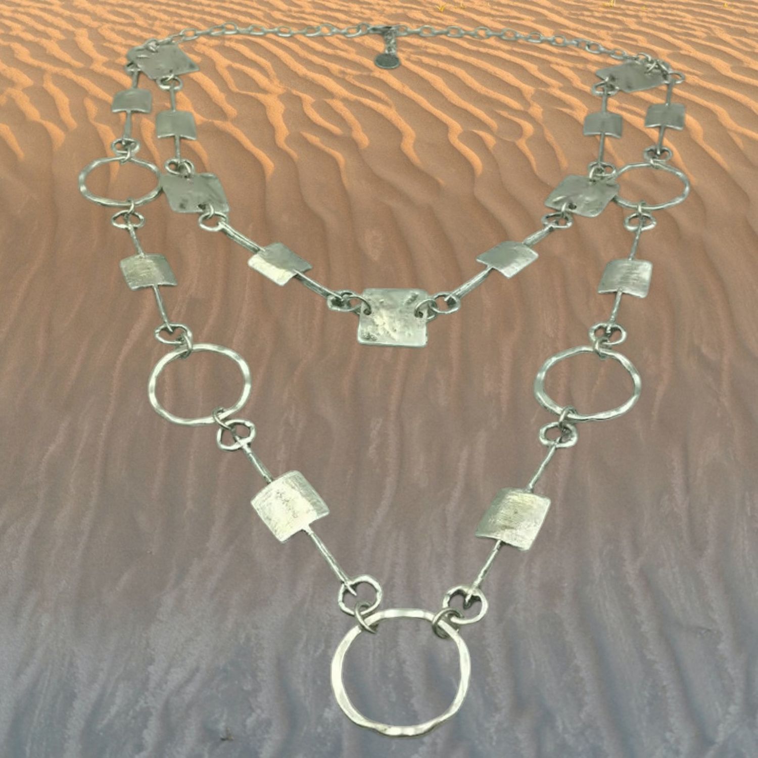 Circles and Squares Double Pewter Necklace