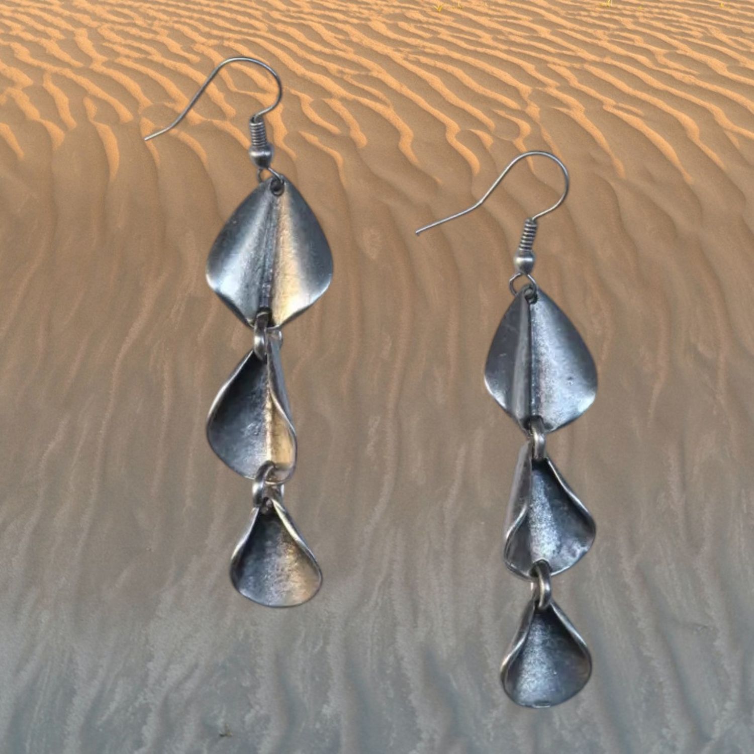 Three Tier Falling Leaves Pewter Earrings