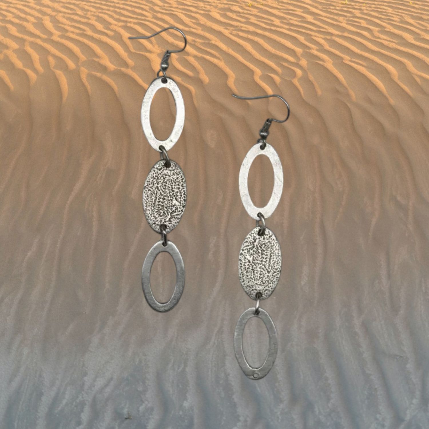 Three Tier Ovals Pewter Earrings