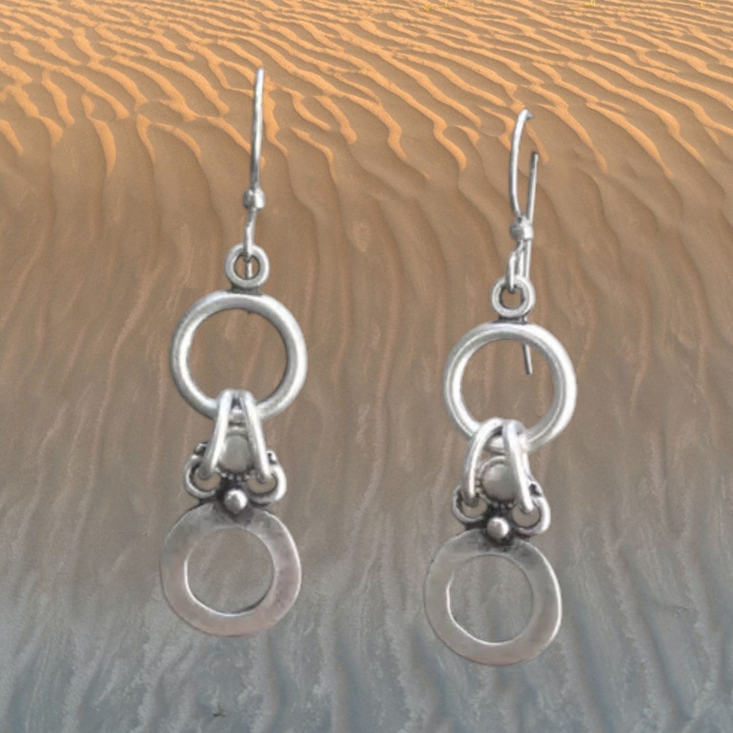 Twin Circle Drop Pewter Earrings