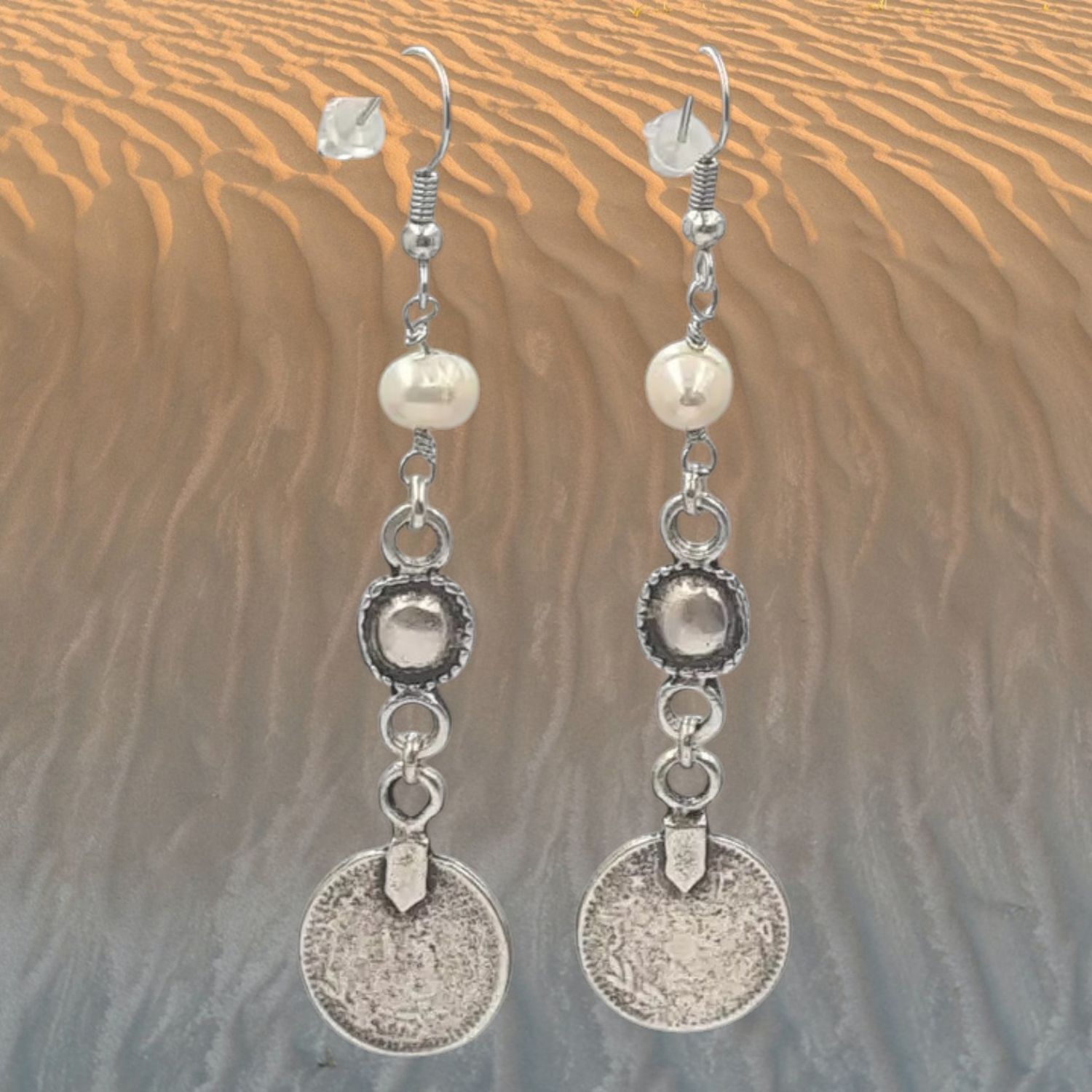 Coin Replica Pearl Pewter Earrings
