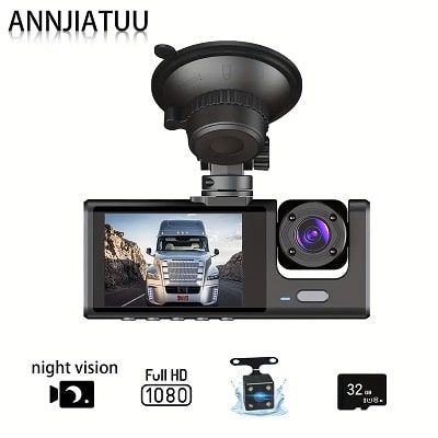 ANNJIATUU Triple Camera Car Dashboard Camera - 1080P Front and Interior Vehicle Cameras with Night Vision