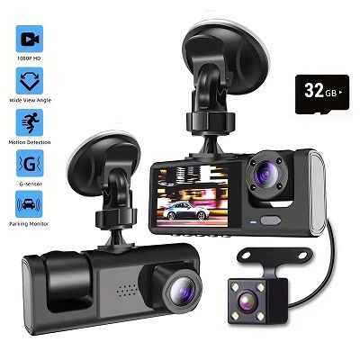 Vavupo 3-Camera Dashcam for Cars - 1080P Front &amp; Interior Recording - Including 32GB Memory Card