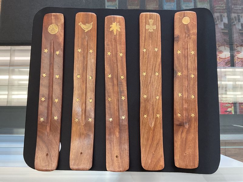 10” wooden incense burner W/brass inlay