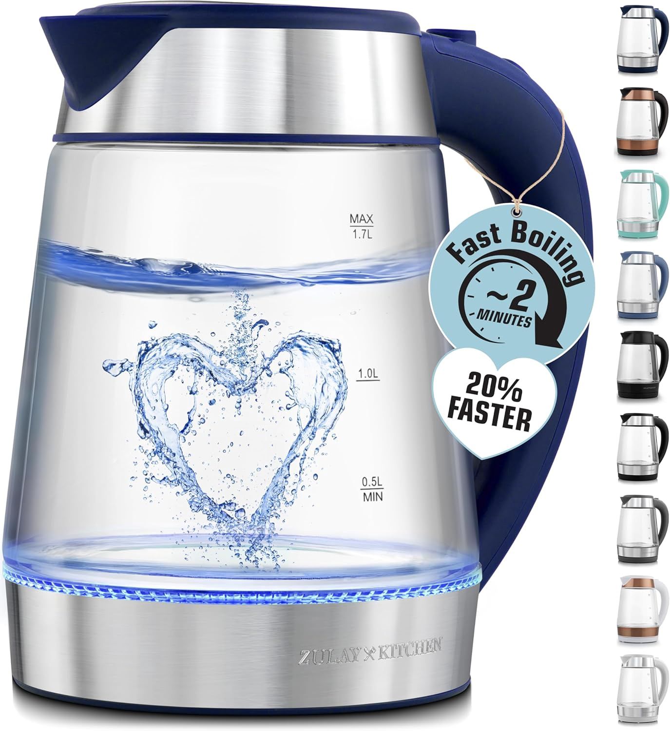 Bouilloire électrique en verre de 1,7 L- Bleu