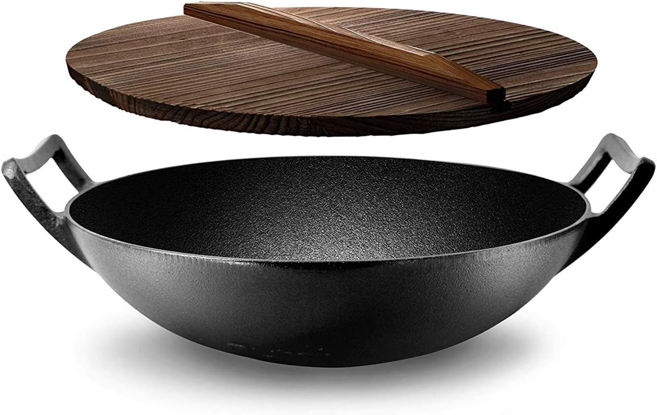 Wok chinois en fonte avec couvercle en bois
