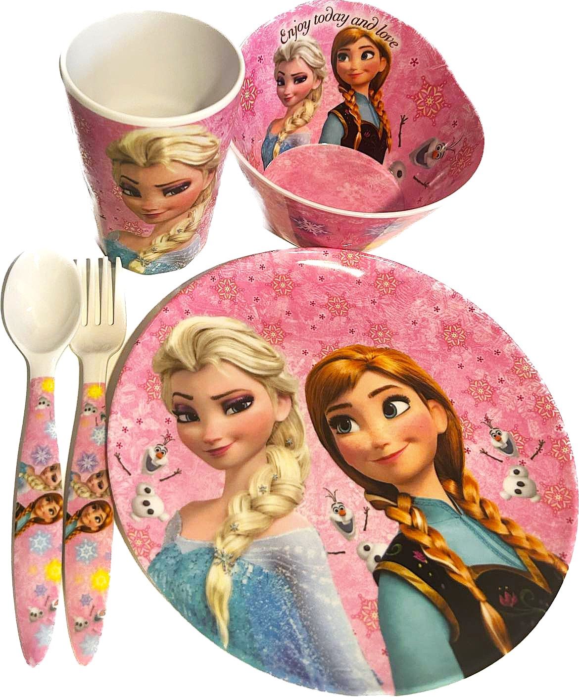 Ensemble 5 Mcx en Mélamine pour les Repas- Reine des Neiges rose