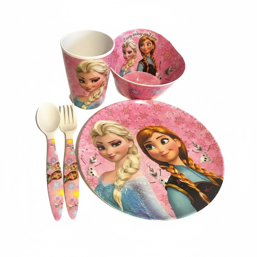 Ensemble 5 Mcx en Mélamine pour les Repas- Reine des Neiges rose