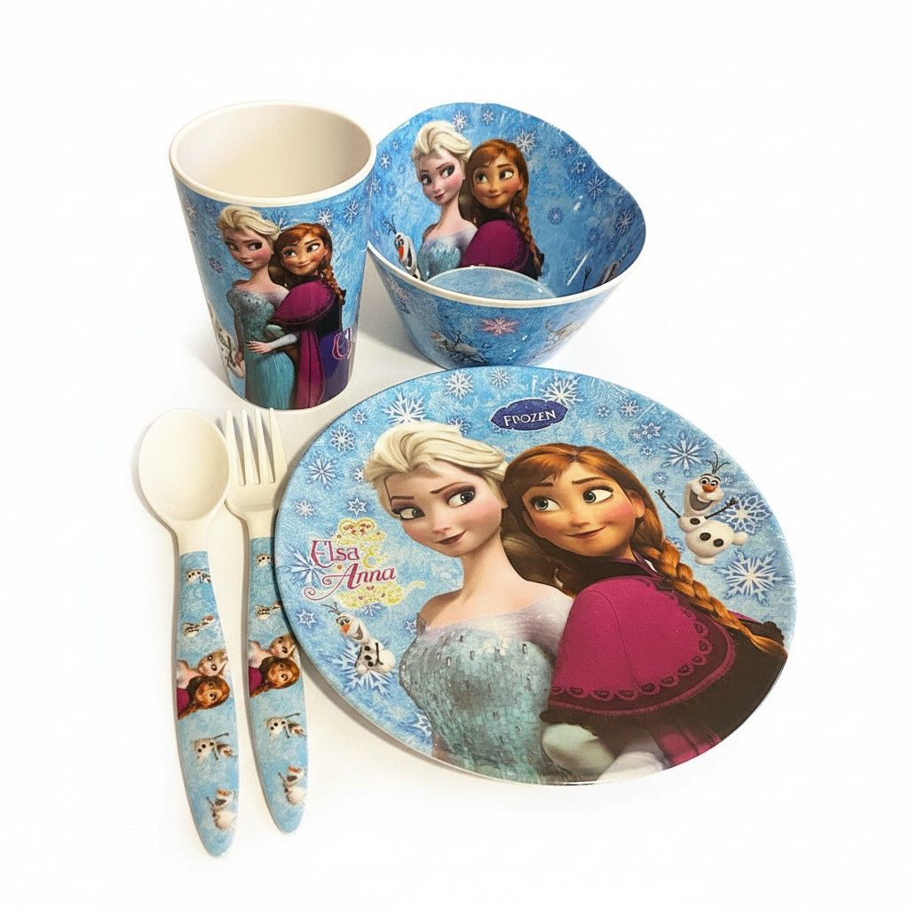 Ensemble 5 Mcx en Mélamine pour les Repas- Reine des Neiges Bleu