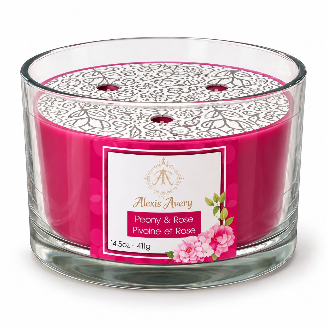 Bougie parfumée à 3 mèches - Pivoine et Rose