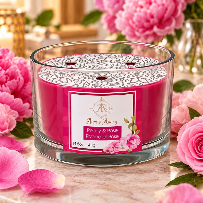 Bougie parfumée à 3 mèches - Pivoine et Rose