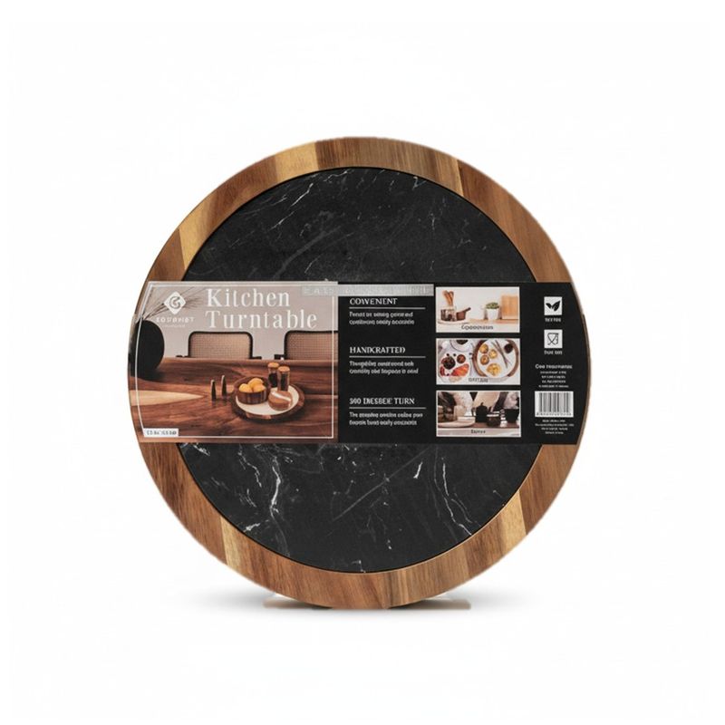 Plateau tournant de cuisine en bois et effet marbre noir – 360°