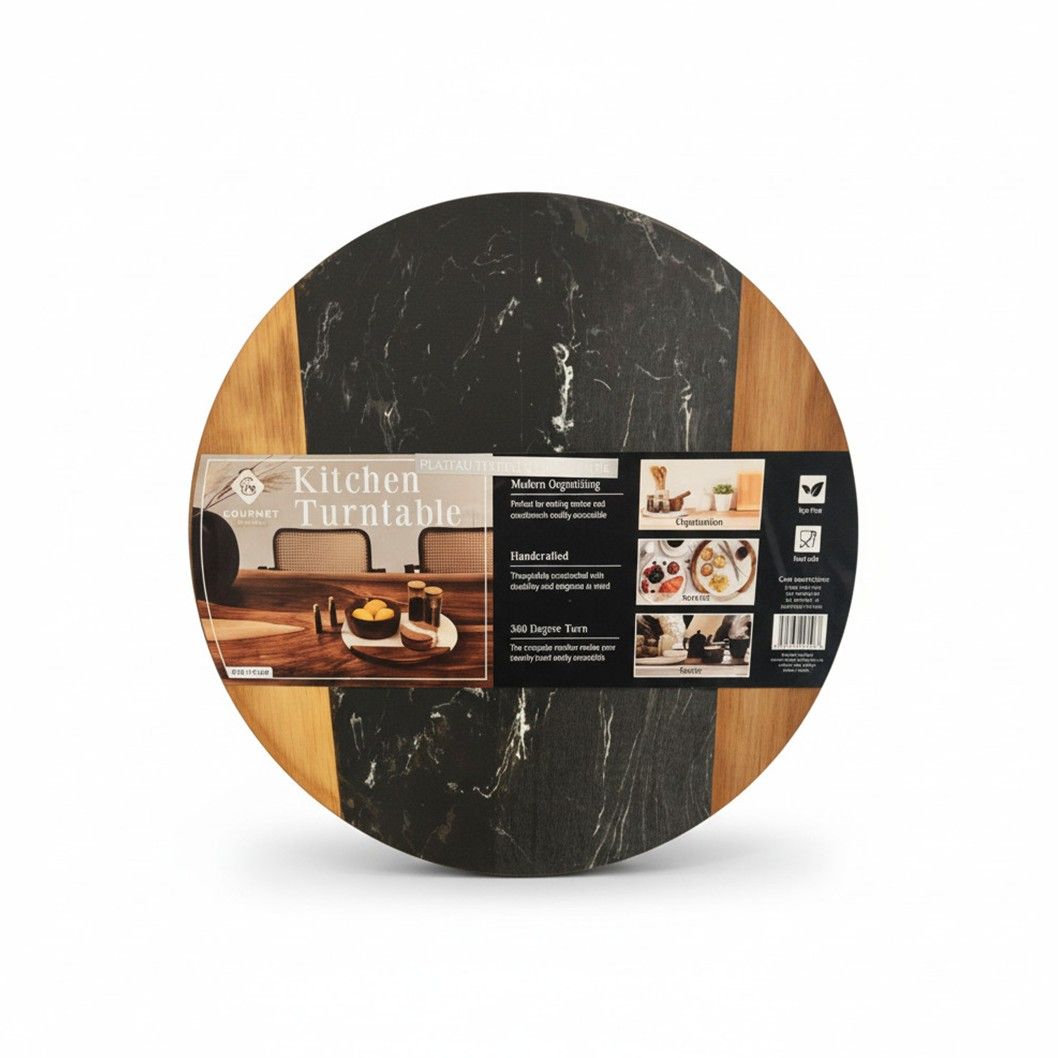 Plateau tournant de cuisine en bois et marbre noir – 360°