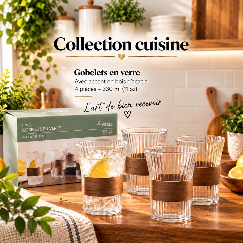 Ensemble de 4 gobelets en verre avec accent en bois – 330 ml