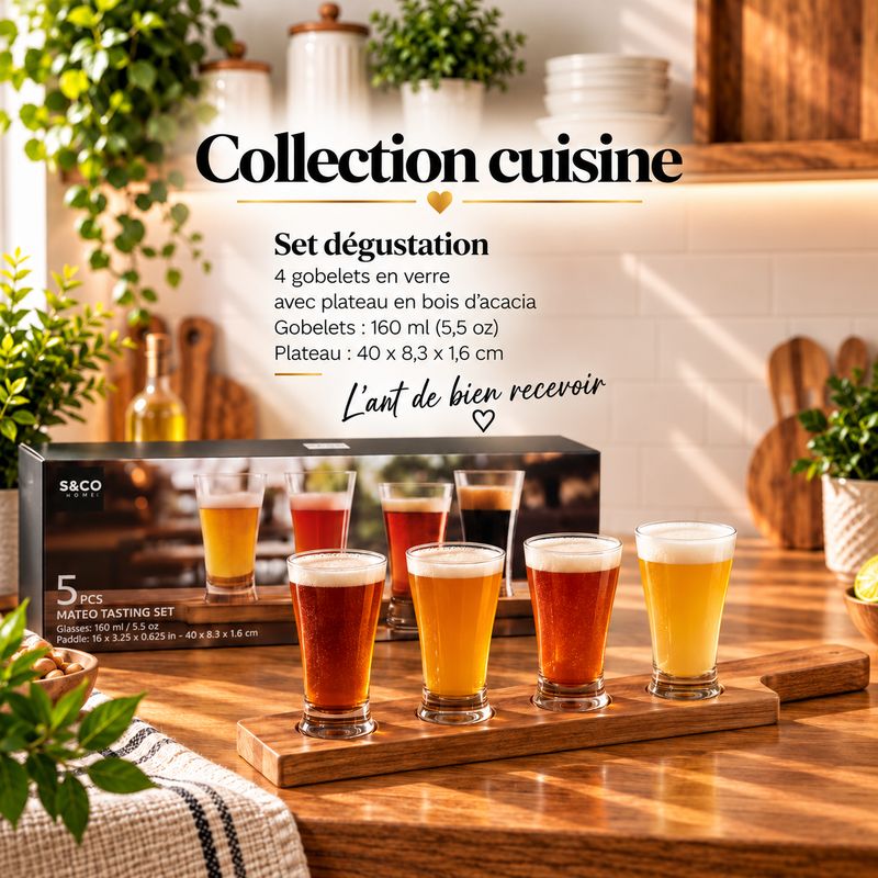 Ensemble de dégustation avec 4 verres et plateau en bois – 5 pièces- MATEO