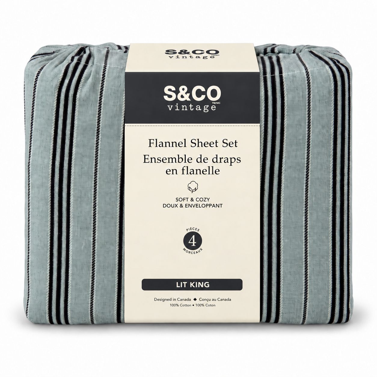 Ensemble de draps en flanelle à rayures bleues – 4 pièces – King
