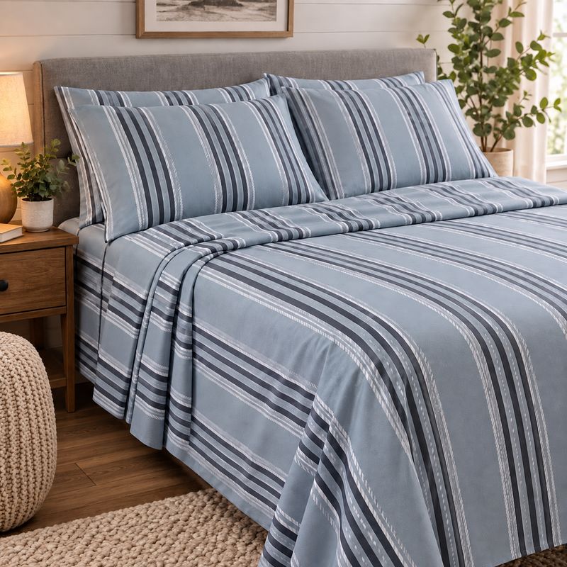 Ensemble de draps en flanelle à rayures bleues – 4 pièces – King