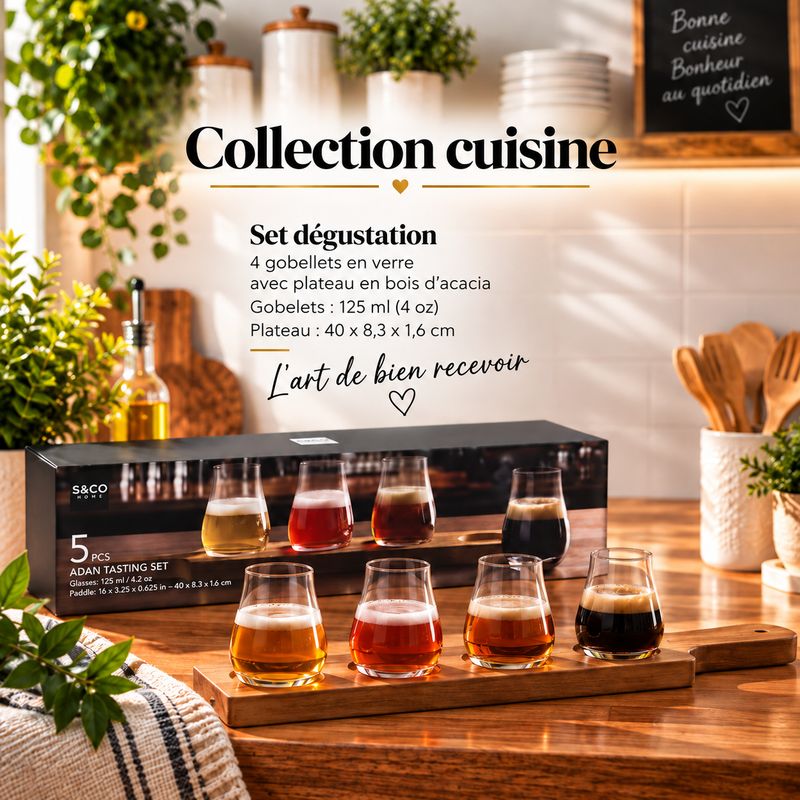 Ensemble de dégustation avec 4 verres et plateau en bois – 5 pièces- ADAN