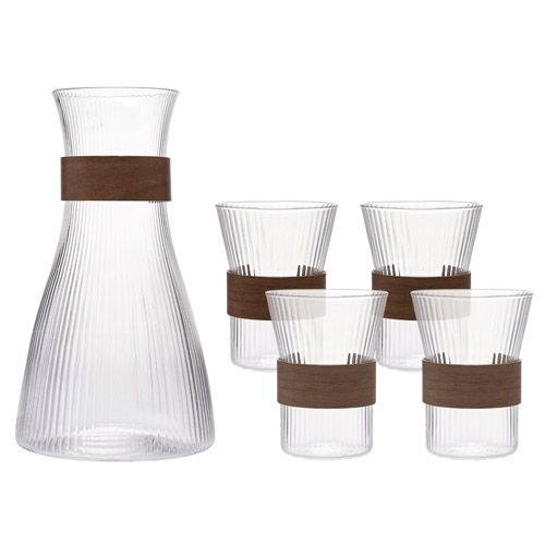Ensemble carafe et 4 gobelets en verre avec accent en bois – 5 pièces