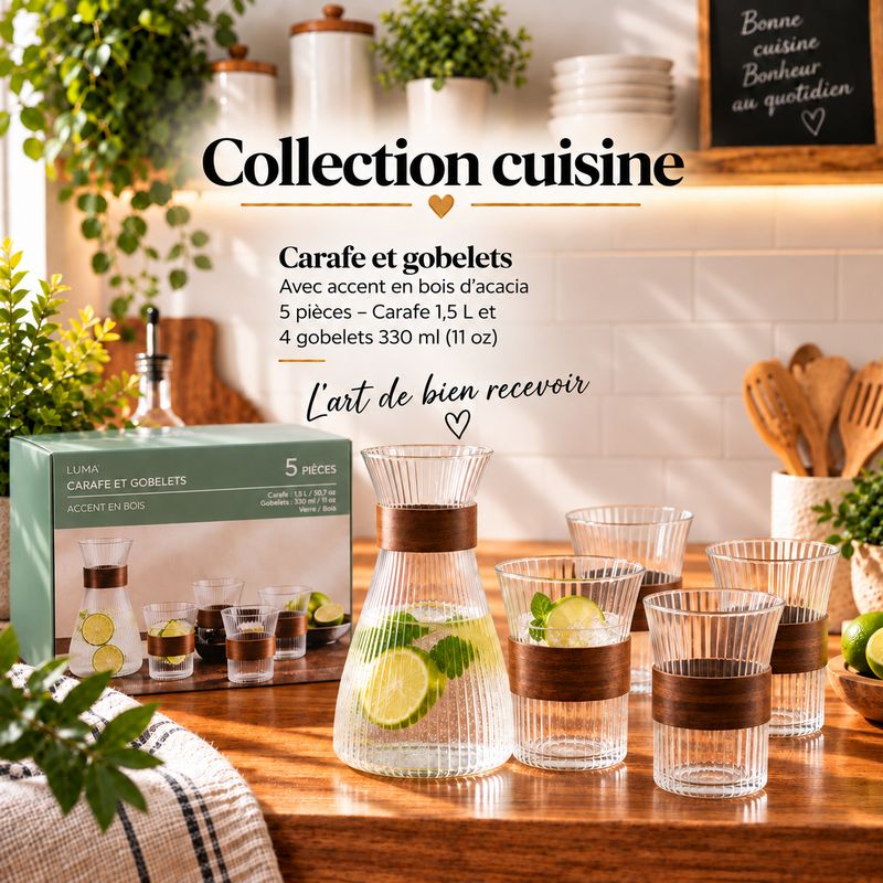 Ensemble carafe et 4 gobelets en verre avec accent en bois – 5 pièces