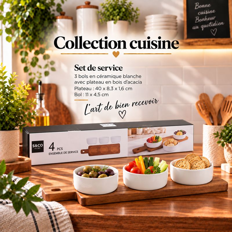 Ensemble de service avec 3 bols et plateau en bois – 4 pièces