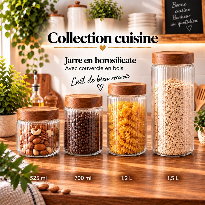 Jarre en borosilicate optique avec couvercle en bois- 1.5L
