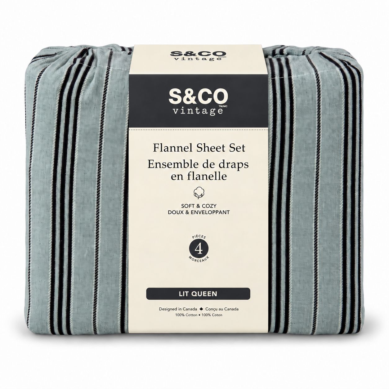 Ensemble de draps en flanelle à rayures bleues – 4 pièces – Queen