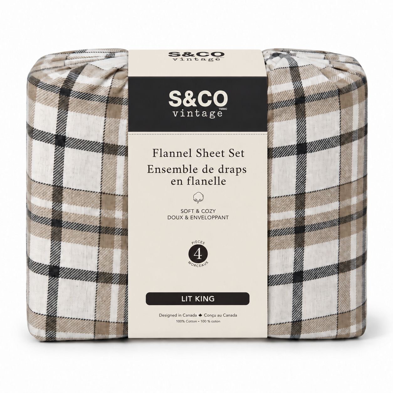 Ensemble de draps en flanelle 100 % coton à carreaux – 4 pièces – King