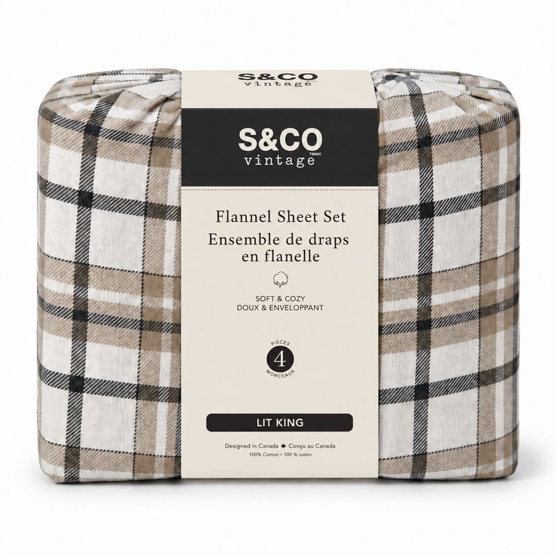 Ensemble de draps en flanelle 100 % coton à carreaux – 4 pièces – King