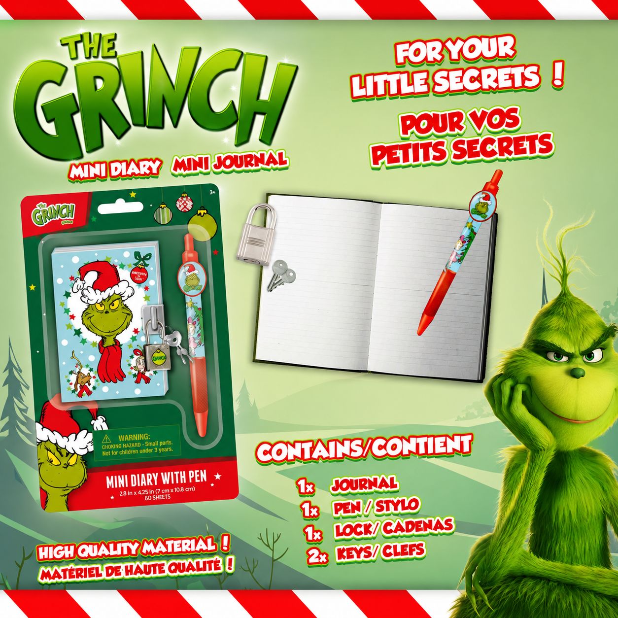 Mini journal intime The Grinch avec cadenas, clés et stylo