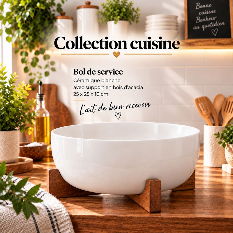 Bol de service en porcelaine avec base en bois d’acacia – 24 cm