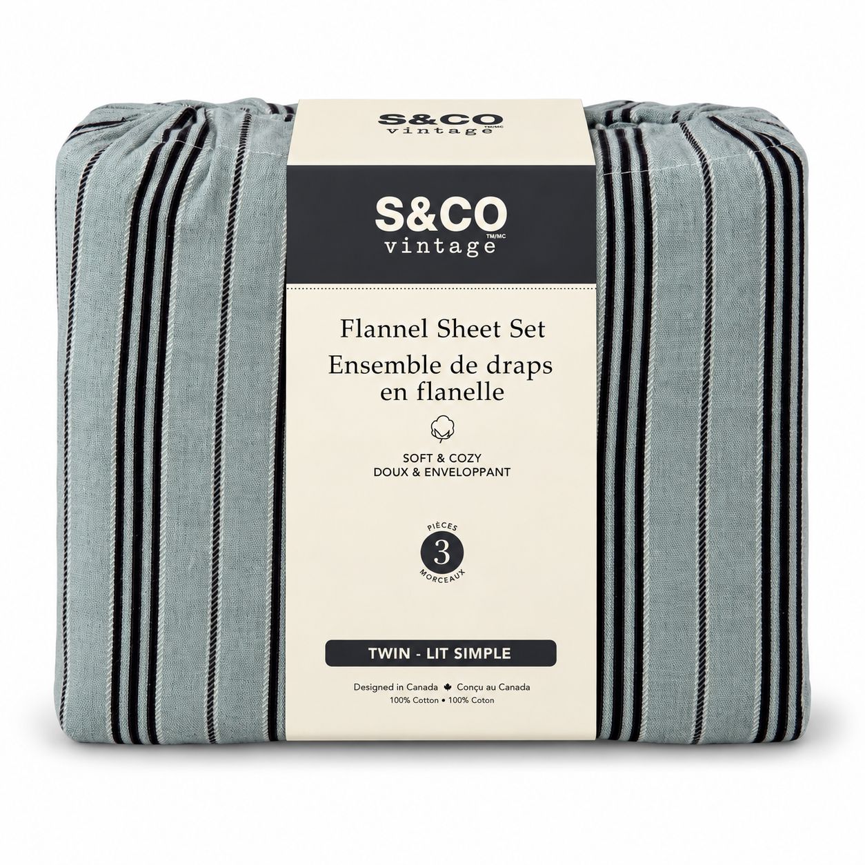 Ensemble de draps en flanelle à rayures bleues – 3 pièces – Lit simple